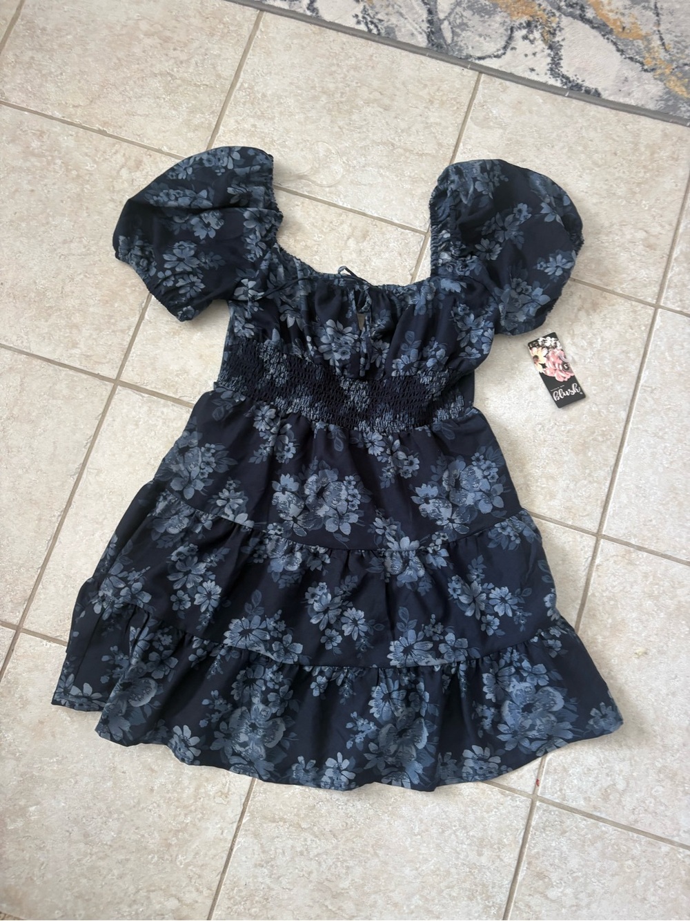 Smocked Puff-Sleeve milkmaid Mini Dress in Navy Floral